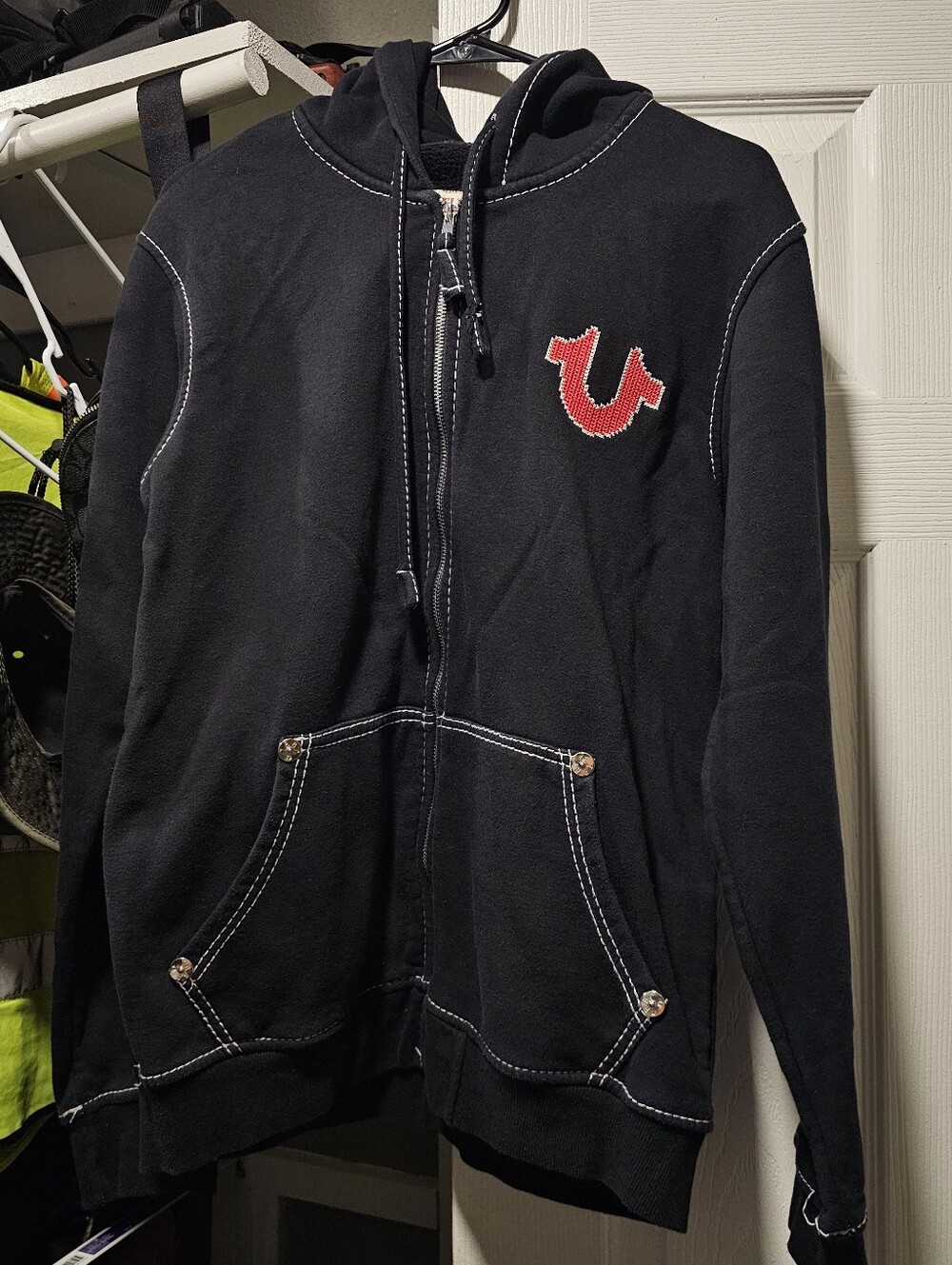 True Religion Men’s Black Zip-Up Hoodie Orange Logo Size M